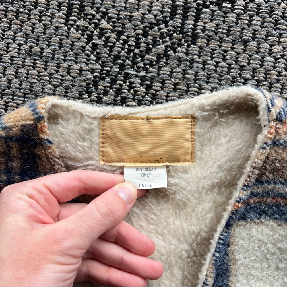 Vintage Vest Mens Large Brown Blue Wool Blend Plaid Sherpa Lined Workwear Cabin - Picture 3 of 5